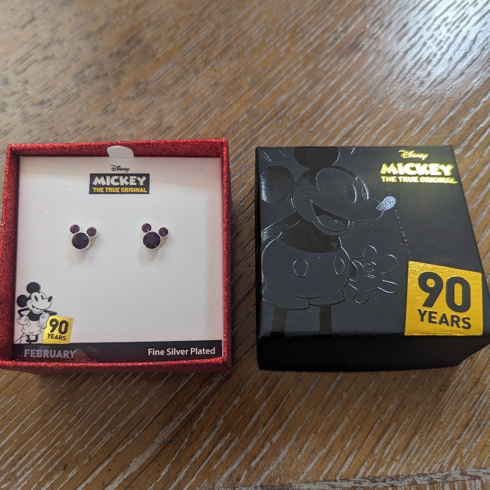 NIB Mickey Mouse 90th Anniversary Amethyst Color Stud Earrings Birthstone